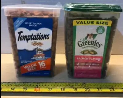 16oz temptations savory salmon cat treats (no lid but sealed, busted tub) 16oz greenies salmon flavor exp:10/2026 (busted bottom)