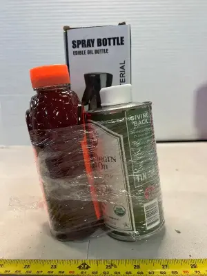 Metal spray bottle, one pint of extra-virgin olive oil 100% raw honey