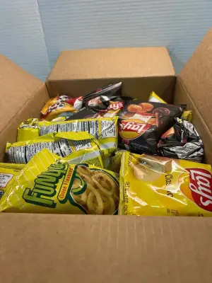 two boxes of variety chips, mostly out of date