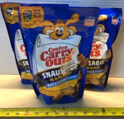 3 bags 22.5oz canine carry outs sausages in a blanket exp:06/11/2026