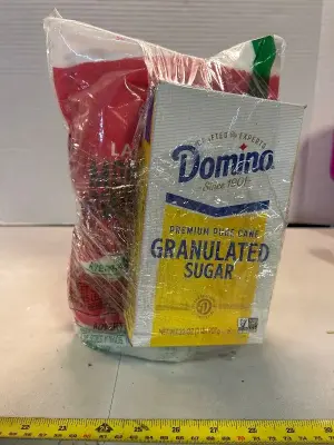 two bags of milk, fruit sweetener, one box of granulated sugar