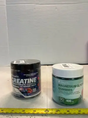 jar of creatine, monohydrate, gummy’s, and jar of magnesium glycinate gummy’s