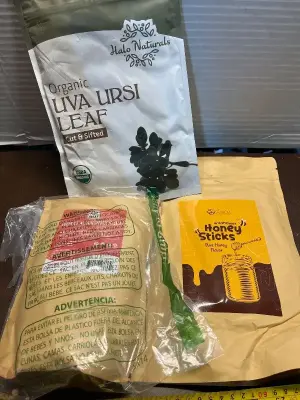 Himalayan pink salt, uva ursi leaf , honey sticks