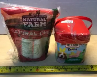 Bag natural farm natural dog chew exp:10/13/27, 22oz milk bone peeps dog treats exp:5/18/27