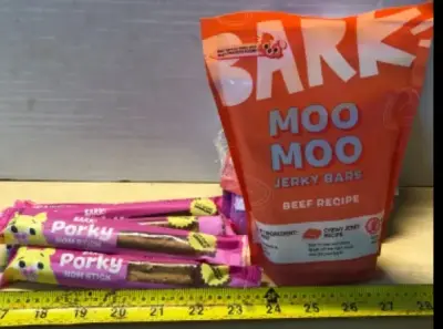 4 packs Bark nom dog chews exp:4/17/27, 3 bags Bark Moo Moo jerky bars exp:5/12/27
