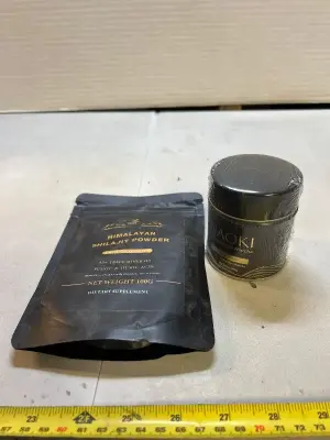 1.4 ounces of fine Japanese Matcha, and a bag of Himalayan shilajit powder