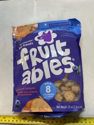 pumpkin and blueberry flavored dog treats, 20 ounces small hole in bag