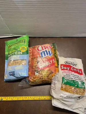 protein granola, Chex mix (opened) , 2ct soy curls