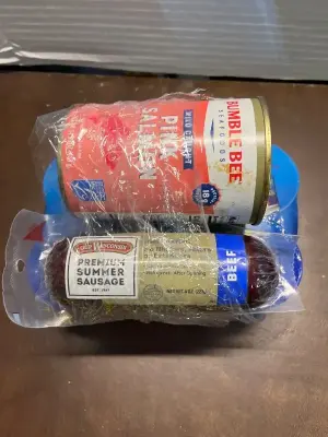Summer sausage, pink salmon, Vienna sausages