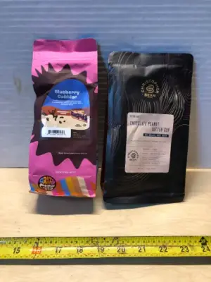 10oz blueberry cobbler ground coffee exp:1/8/26, 10oz chocolate peanut butter cup ground coffee exp:5/30/26