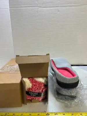 size 8, women’s slippers and box of fuzzy socks