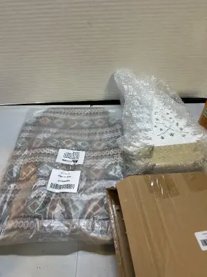 patterned bag, and lots of wooden Christmas tree trees