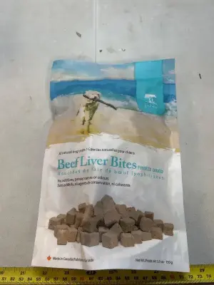 5.3 ounces of beef liver bites freeze dried for dogs made in Canada