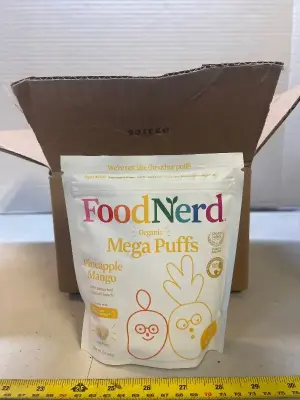 box of food Nerd organic mega puffs, pineapple mango with sprouted, broccoli seeds