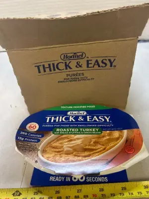 seven pack of hormel thick and easy, roasted turkey with bread, stuffing and green beans