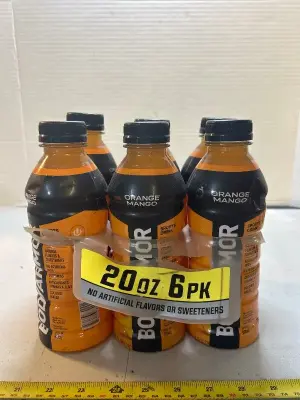 six pack of 20 ounce orange mango body armors