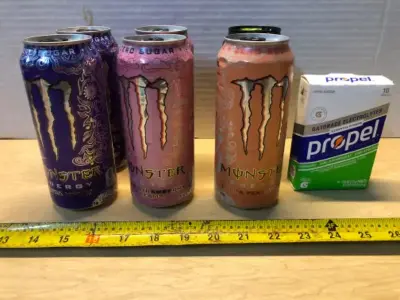 6 assorted monster energy drinks, box of 10 packets propel fitness powder