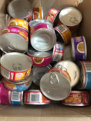 Box of assorted Friskies cat food exp:9/27