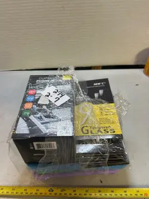 One iPad case, one tablet case, one cup holder, phone mount, five count tempered glass screen protector