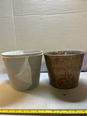 three count “ garden” metal planting pots