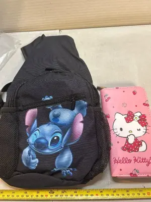 stitch, unisex day pack, and hello Kitty wallet