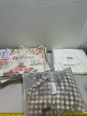 gingham couch drapes, lots of mini flags, white drapes