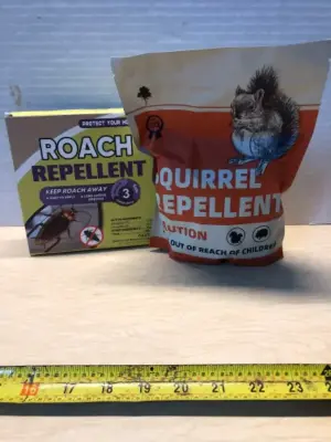 Bag of squirrel repellent and box of roach repellent