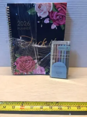 3 pc notebook size 2026 planner, 7pc gel ink pen