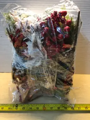 2 bags artificial flowers, box of glass watering bulbs