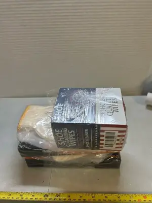 2 boxes of L gloves and 1 box of shoe cleaner wipes