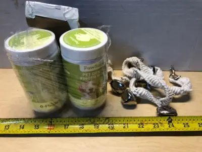 2 tubs pet dental finger wipes, homemade dog door bells