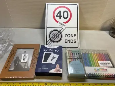 3 packs of pens, picture frame, baby hand mold, sign/stand