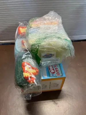 chalk, bubble machine, crochet toys