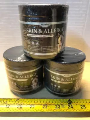 3 tubs skin and allergy 90 chews each for dogs exp:5/27
