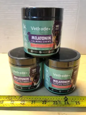 3 tubs 140 chews each melatonin calming dog chews exp:5/26
