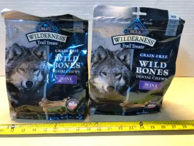 2 bags 27oz each blue wilderness wild bones dog treats exp:5/22/26