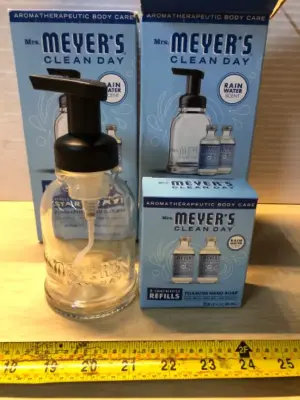 2 boxes mrs Meyers concentrated refills with refillable glass bottle foaming hand soap