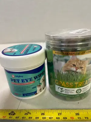 pet eye wipes, cat grass treats