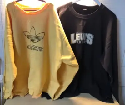 Unknown size adidas shirt has some stains and picks at it, Levi’s shirt size XXL