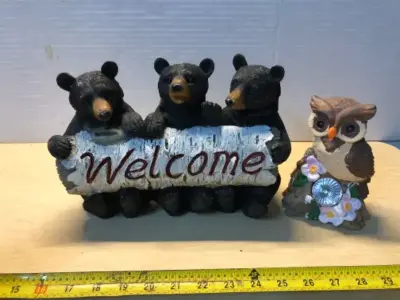 3 bears chipped bottom and owl outdoor decor