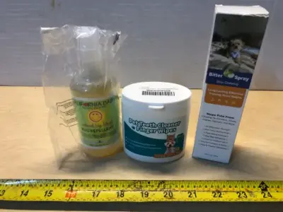 6.5oz bug repellent, pet teeth finger wipes , 5.07oz bitter spray stop chewing