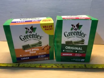36oz greenies dental treats exp:12/25/29, 27oz greenies dental treats exp:4/26/29