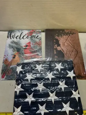 2 signs and an american flag