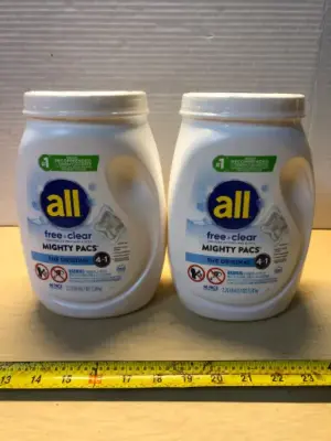 2 tubs 2.73lb all free and clear mighty laundry packs 4in1 66pcks each