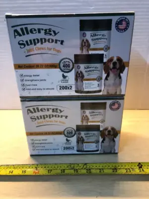 2 boxes allergy support dog chews exp: can’t find date