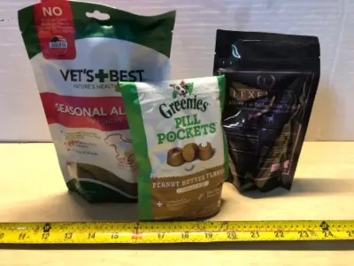 90 dog chews for seasonal allergies exp:8/28/27, 30 treats pill pockets exp:12/26/29, 7.05oz Lexelium allergy and itchy skin relief for pets exp:4/1/26