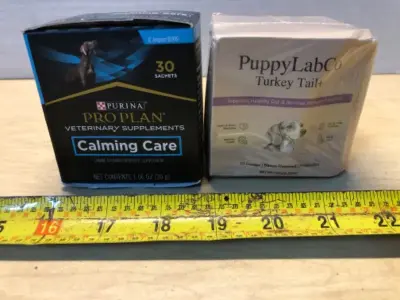 Purina pro plan calming car for dogs exp:4/26, puppy lab probiotics 50 scoops exp:12/27