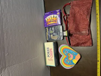 poker chips, card game , baby book, 2ct hand bags , magnets