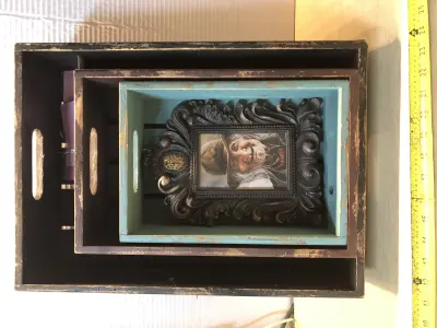 3pc wooden crate and metal picture frame