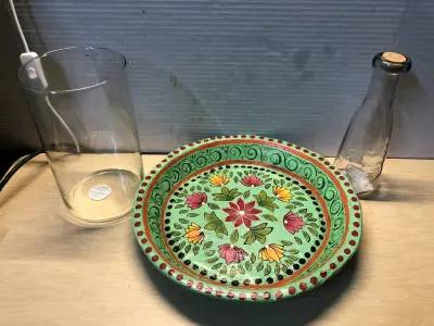 Glass vase , green bowl, glass bottle